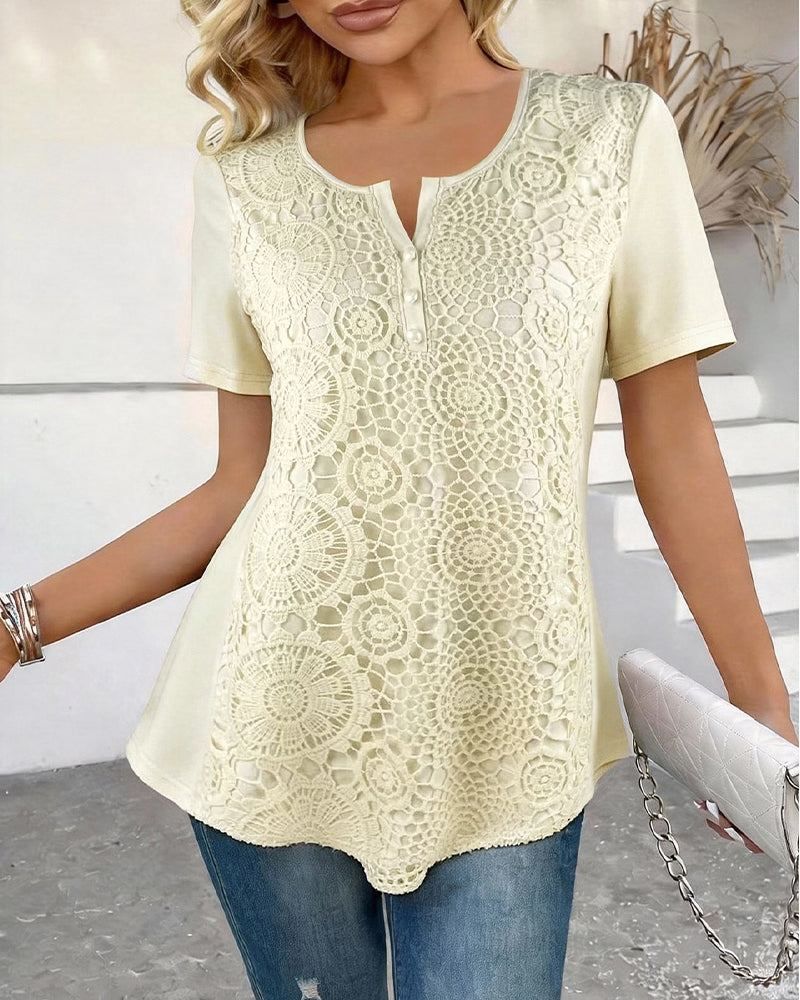 Lace Panel Short Sleeve Beaded Button Blouses