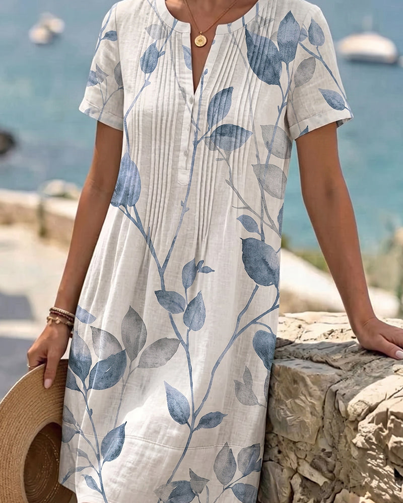 Ruched Leaf Print Short Sleeve Mini Dress