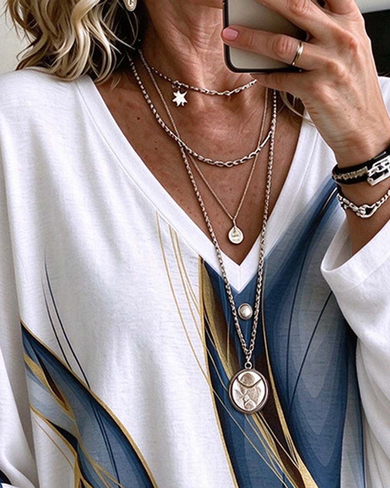 V-Neck Abstract Art Print Loose Top
