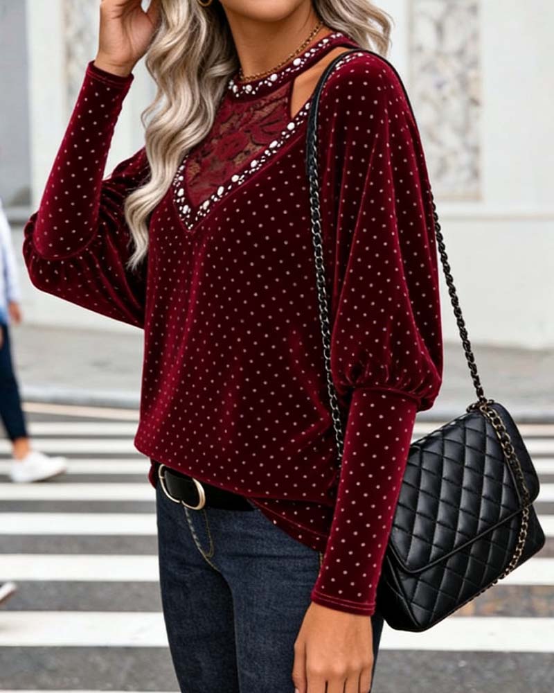 Hollow-Out Patchwork Round-Neck Blouse