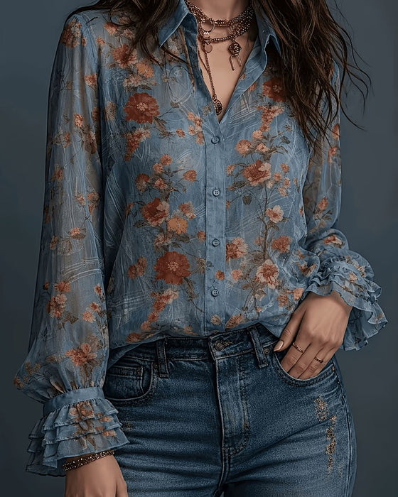 Floral Ruffle Lapel Blouse
