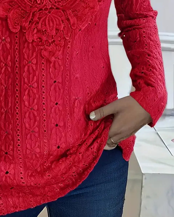 Lace Trim Hollow Long Sleeve Top