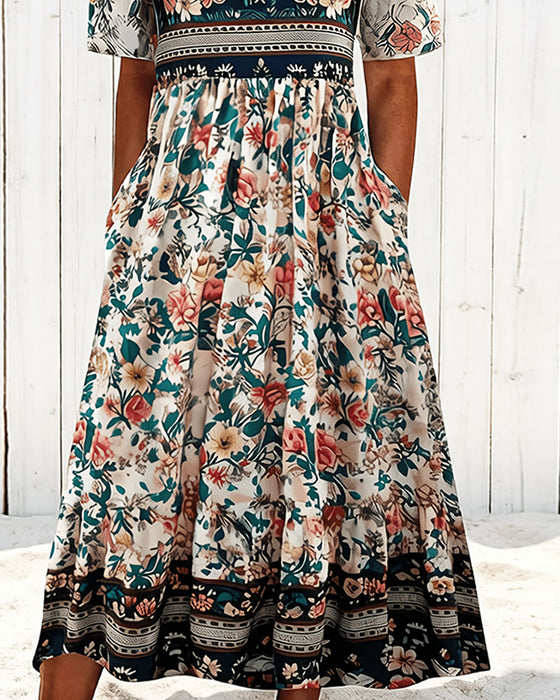 Vintage Floral Waist-Cinching Midi Dress