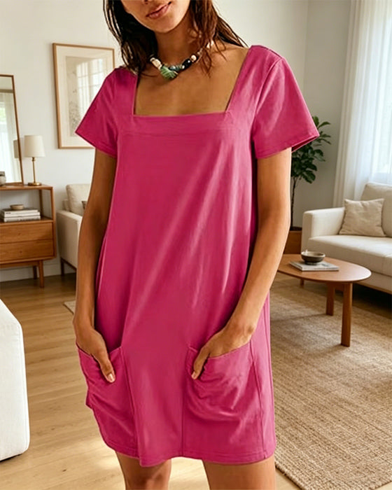 Square Neck Short-Sleeved Pocket Dress