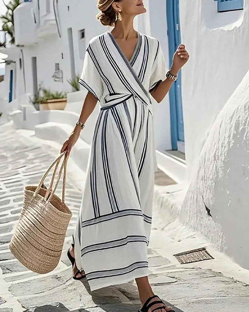 Elegant Sophisticated Striped Cross Waist Dress
