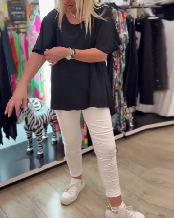 Round Neck Solid Color Blouse