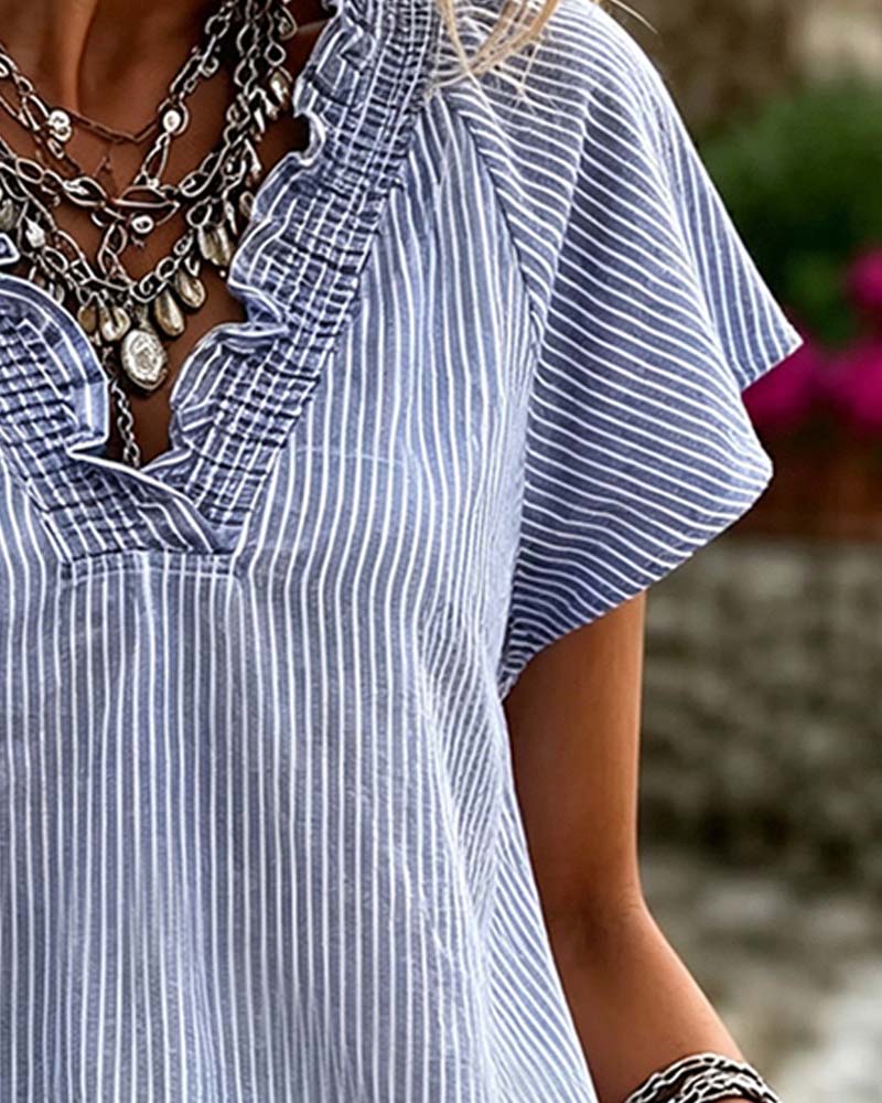 V-Neck Stripe Ruffle Blouse