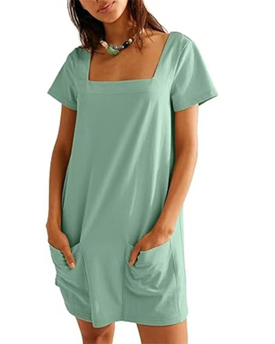Square Neck Short-Sleeved Pocket Dress