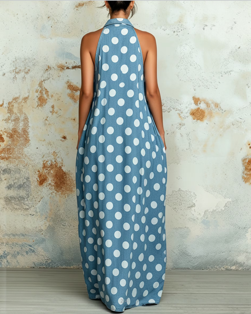 Polka Dot Halter Neck Sleeveless Dress