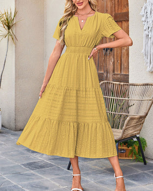 V-Neck Shirred Puff Sleeve Short Sleeve Dress
