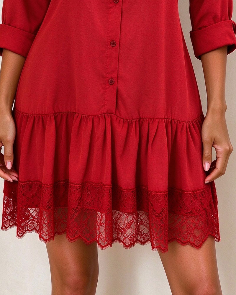 Stand Collar Patchwork Lace Hem Dress