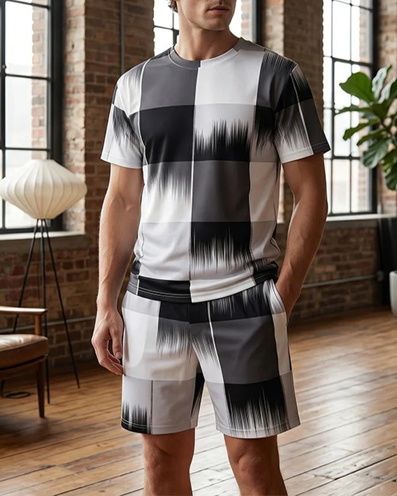 Black and White Gradient Plaid Short Sleeve Set