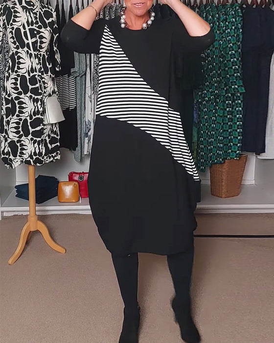Casual striped color block crew neck dress