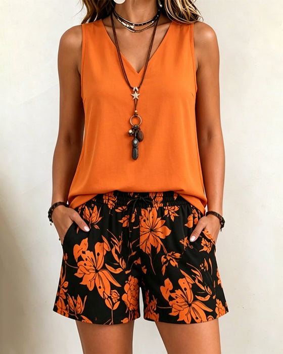 V-Neck Sleeveless Top and Print Shorts Sets