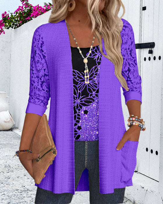 Casual butterfly lace patchwork pocket top
