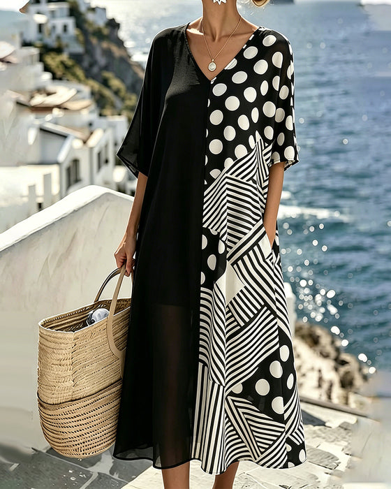 V-Neck Polka Dot Stripe Patchwork Dress