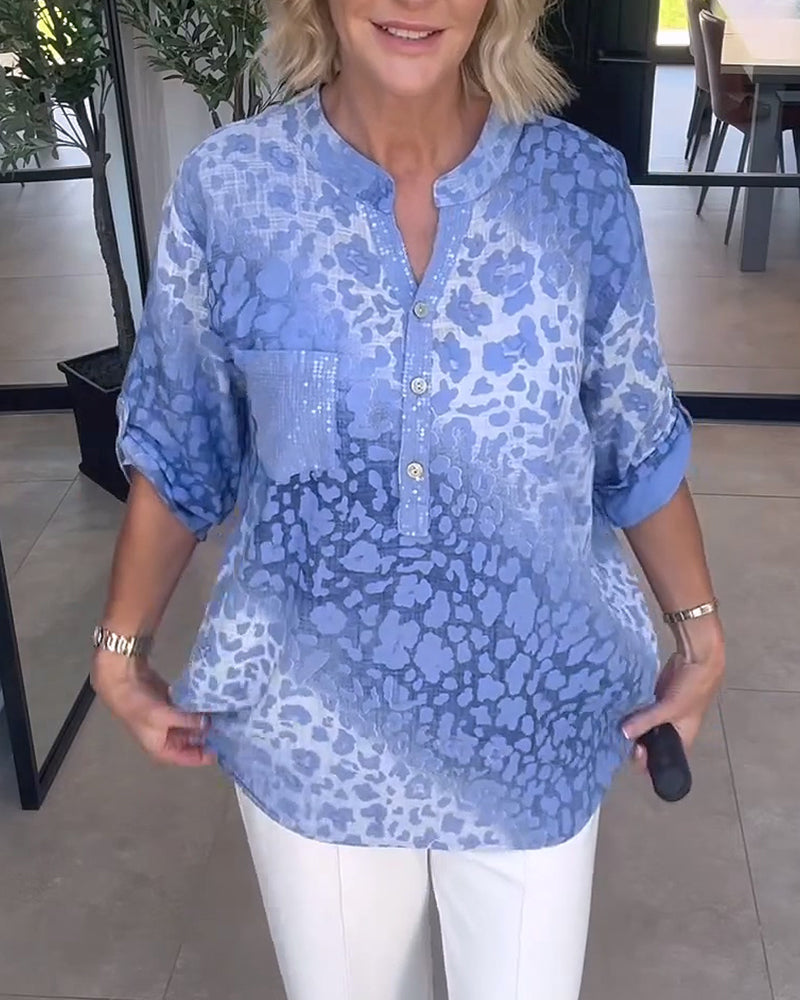 Ombre Leopard Pattern Henley Neck Blouse