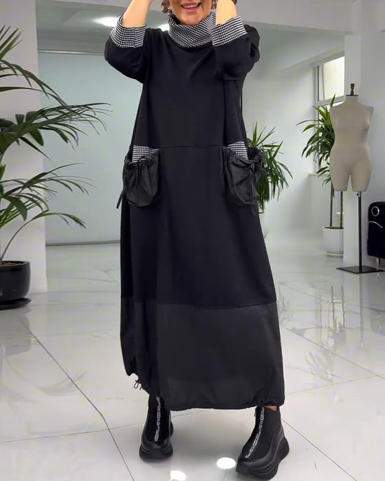 Casual plaid patchwork high collar pocket dress