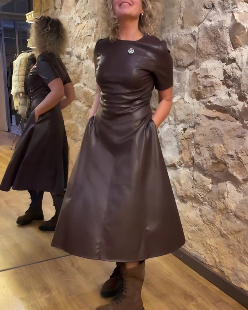 Pu Leather Waisted Short-Sleeved Dress