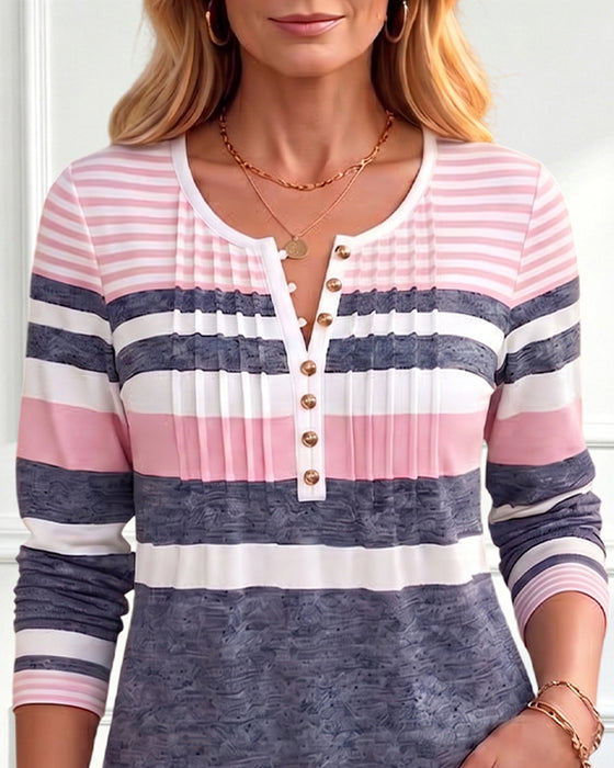 Crew Neck Buttoned Pleated Striped Top