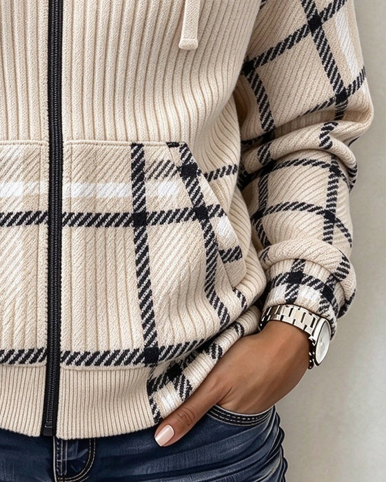 Zippered Plaid Drawstring Hooded Coat