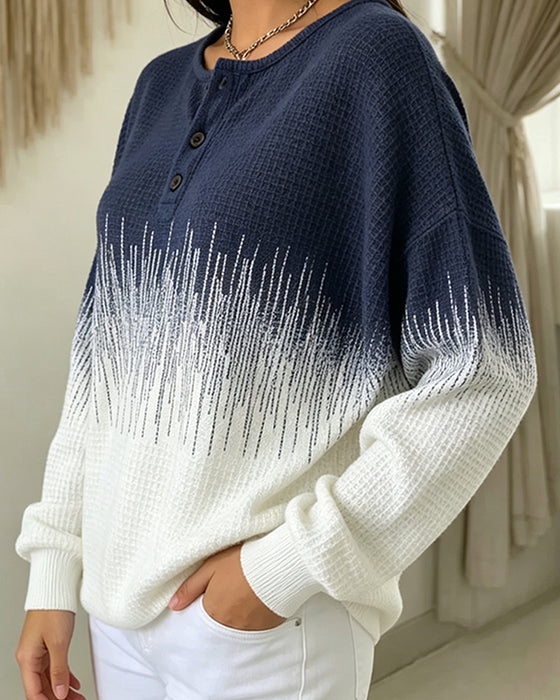 Crewneck Button Waffle Knit Color Block Sweatshirt