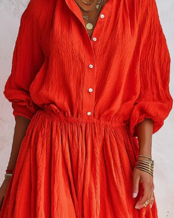 Lapel Fitted Waist Shirt Flared Long Dress