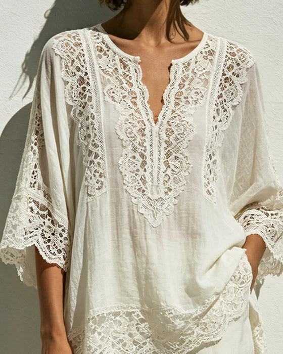 Solid-Color Lace V-Neck Blouse