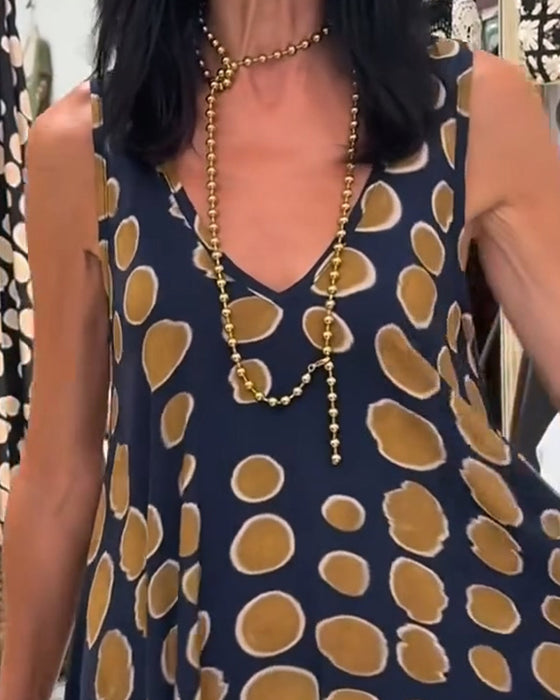 V-Neck Sleeveless Polka Dot A-Line Dress