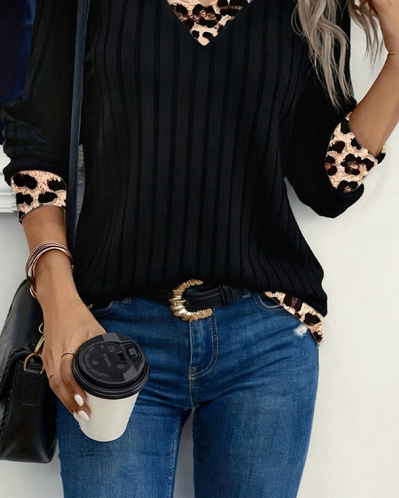 Long Sleeve V-Neck Leopard Patchwork Top