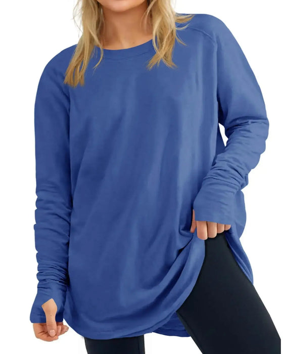 Crew Neck Long Sleeve Solid Color Loose T-Shirt