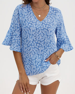 V-Neck Floral Butterfly Sleeve Blouse