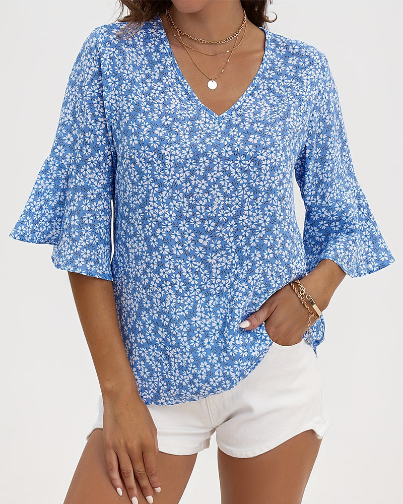 V-Neck Floral Butterfly Sleeve Blouse