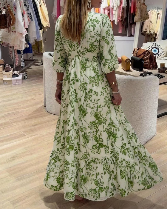 Deep V-Neck Elegant Floral Long Dress
