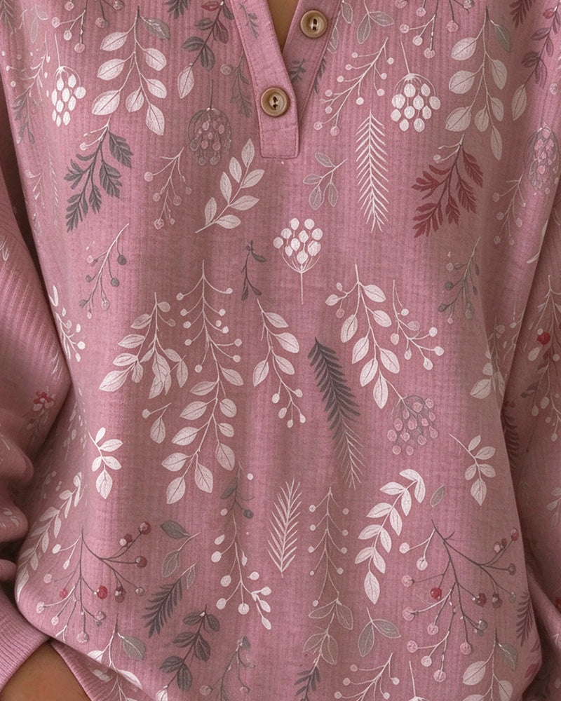 Waffle Henry Collar Floral Print Sweatshirt