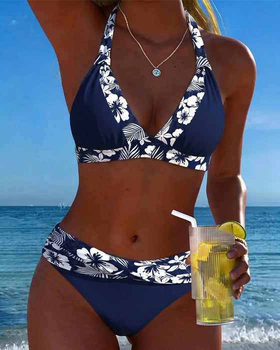 Deep V Blue White Print Triangle Bikini