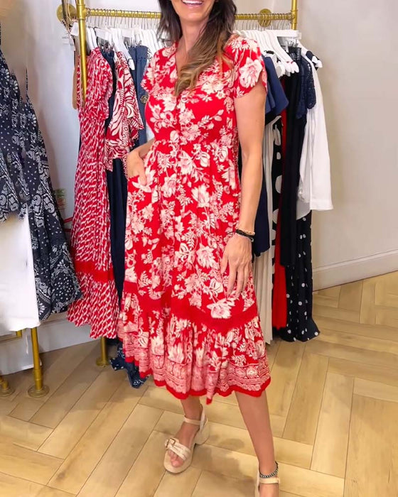 V-Neck Floral Patchwork A-Line Dress