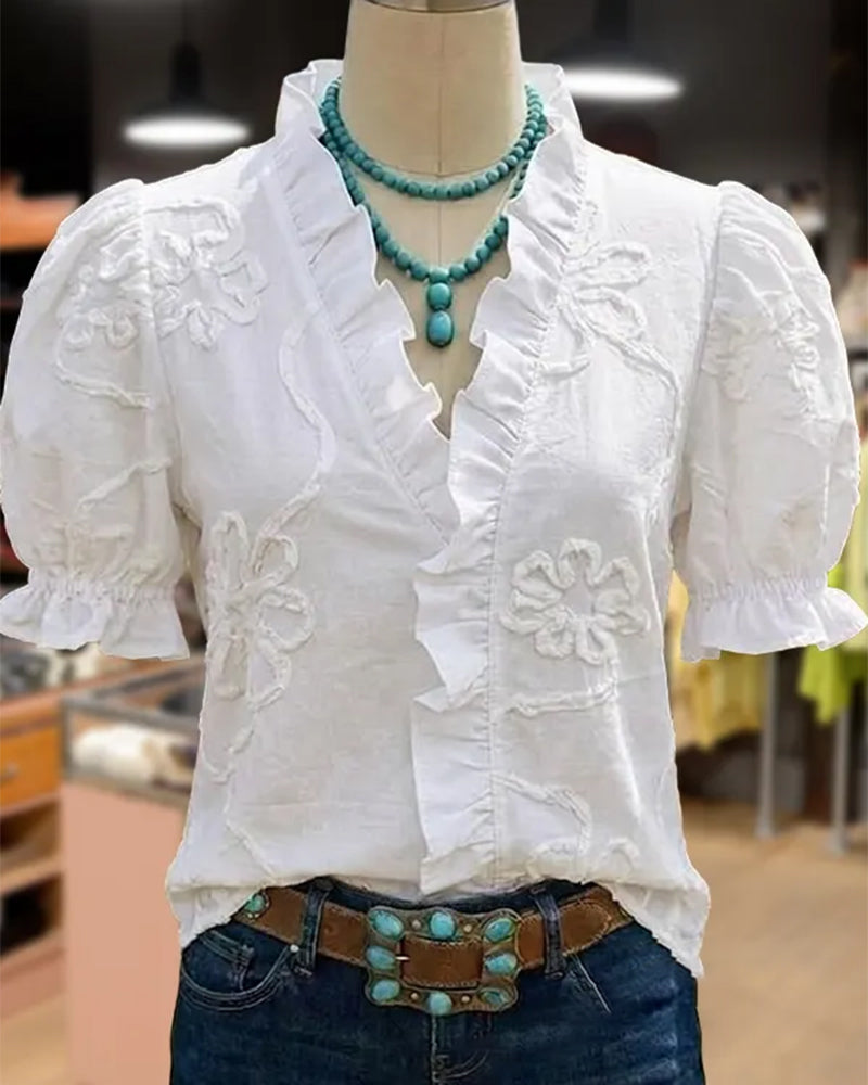 V-Neck Ruffle Trim Puff Sleeve Blouse