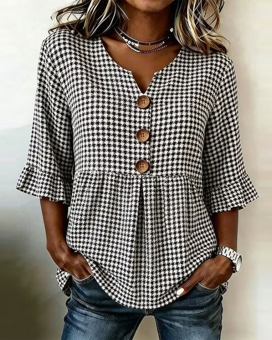 Houndstooth Three-Button Casual Blouse