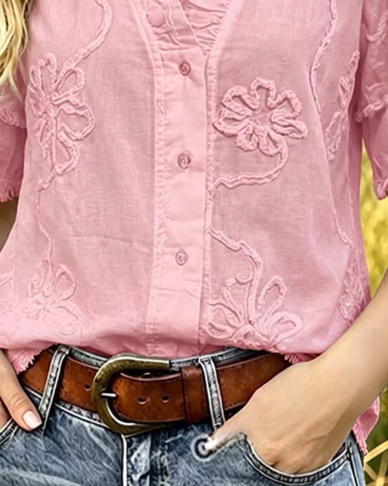 Fringed Hem Puff Sleeve Blouse