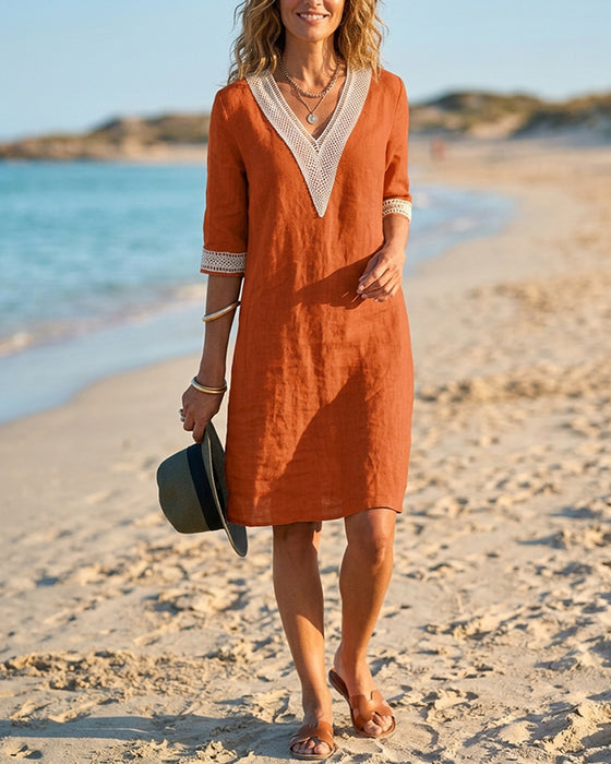Three-Quarter Sleeve V-Neck Lace Patchwork Dress