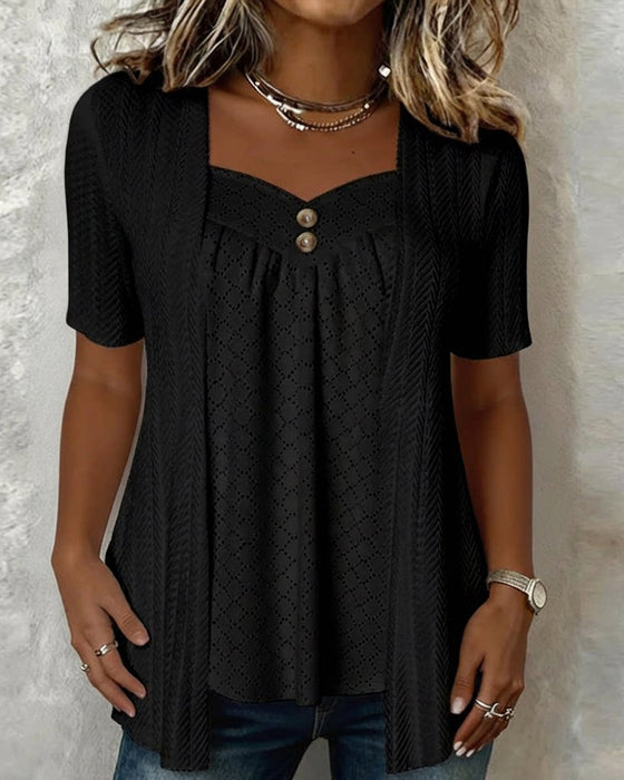 Faux Layered Square Neck Hollow Out Patchwork Blouse