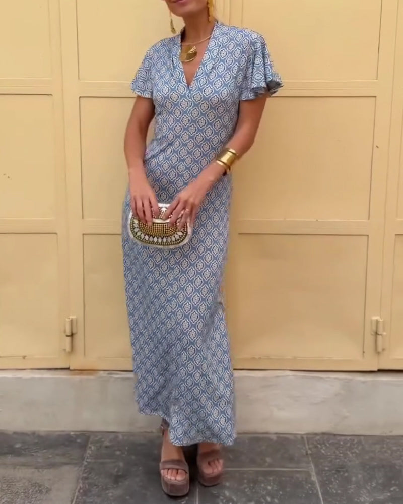 V-Neck Diamond Print Ruffled Sleeve Dress