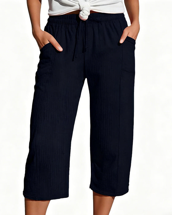 Solid Color Drawstring Wide-Leg Cropped Pants