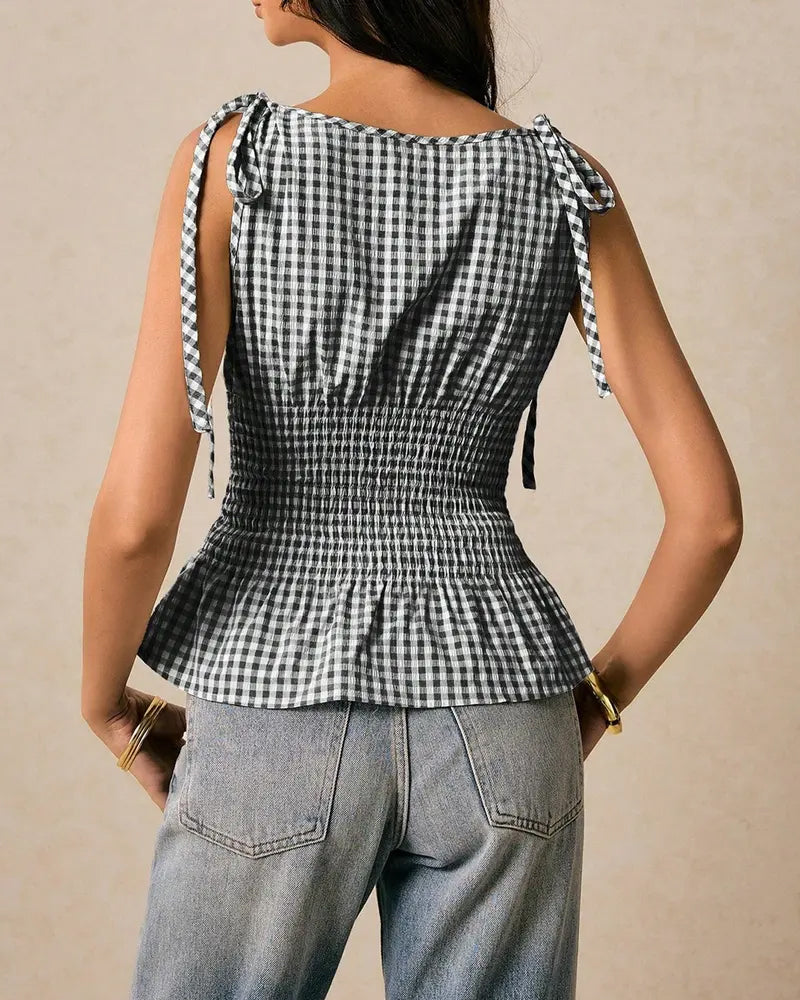 Sleeveless Plaid Tie Waist Blouse