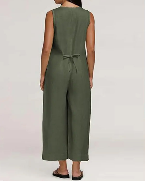 V-Neck Single-Breasted Sleeveless Jumpsuit
