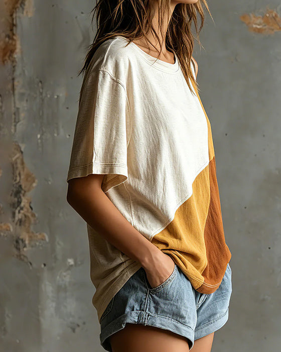 Color Block Off-Shoulder Loose T-Shirt