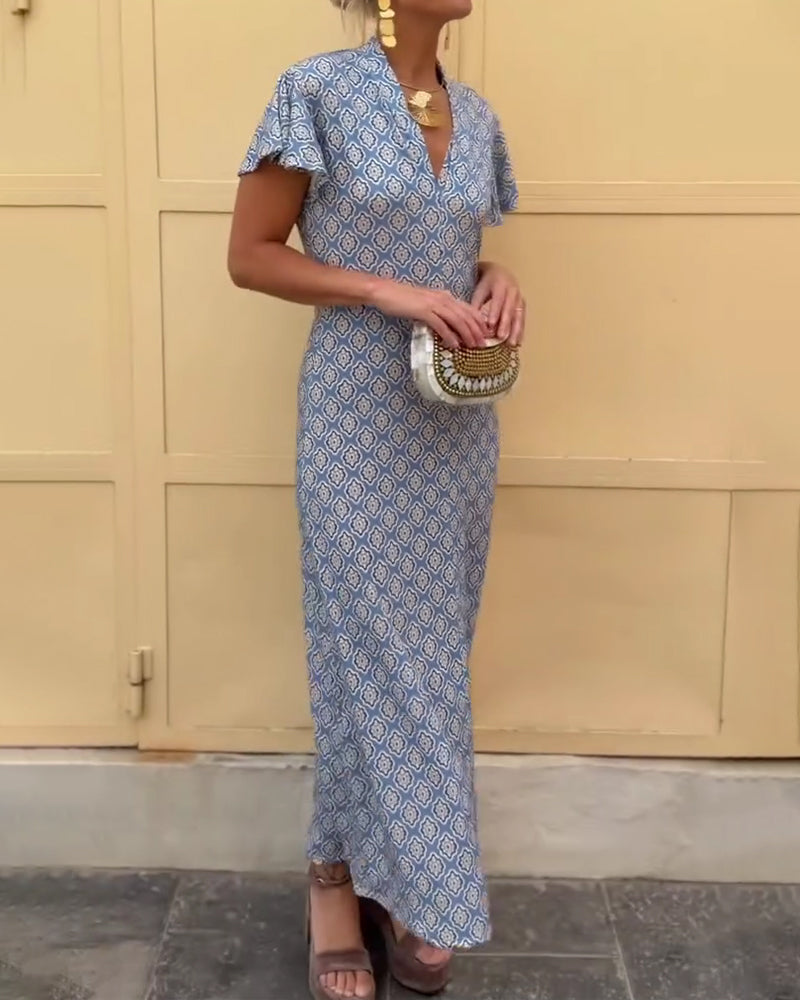 V-Neck Diamond Print Ruffled Sleeve Dress