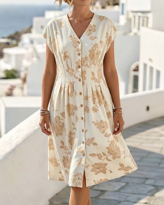 V-Neck Print Cinched Waist Button-Front Dress