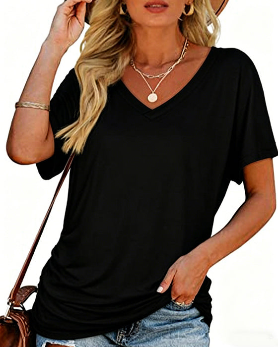 Pleated Solid Color V-Neck T-Shirt